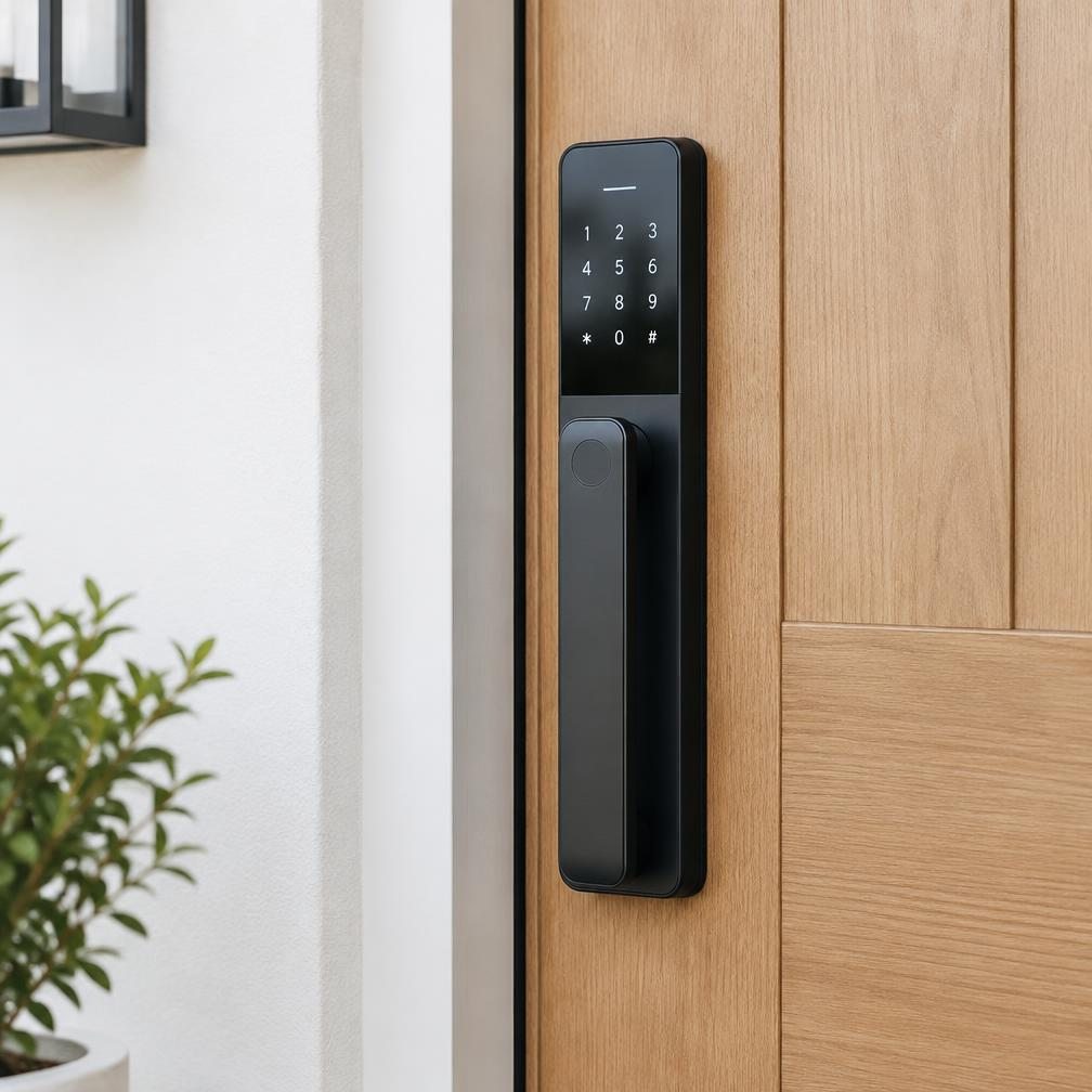 Fechadura digital moderna instalada em uma porta de madeira